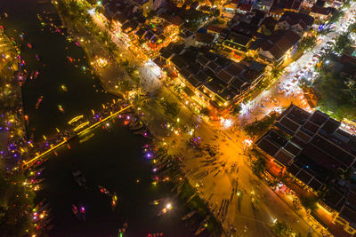 High angle view of illuminated buildings at night