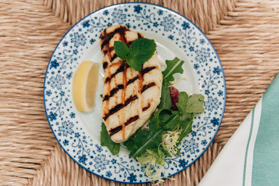 High angle view of food in plate on table