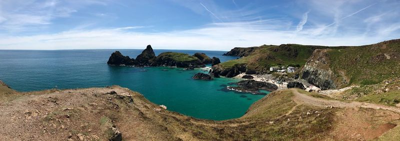 Panoramic view of bay against sky