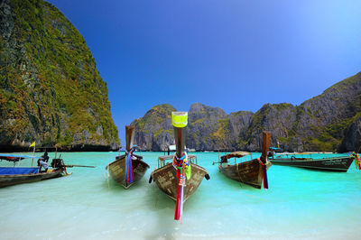 Scenic view of boats in sea against clear sky