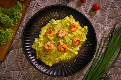 High angle view of meal served on table