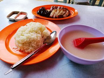 Close-up of food served on table