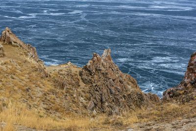 High angle view of rocks on beach