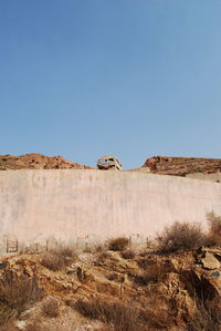 Scenic view of desert against clear blue sky