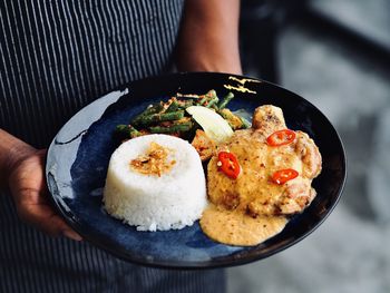 High angle view of food in plate on table