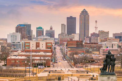 Panoramic view of buildings in city against sky during sunset