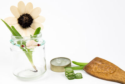 Close-up of white flowers in vase on table