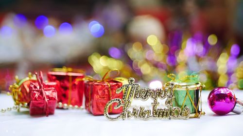 Close-up of christmas decoration on table