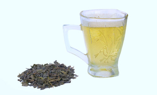Close-up of drink on table against white background