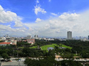 High angle view of buildings against sky