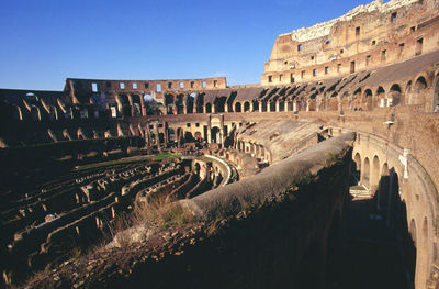 High angle view of old ruins against clear sky