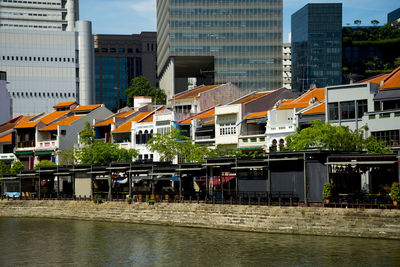 Buildings by river in city