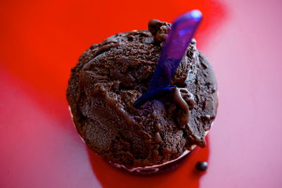 Close-up of ice cream against red table