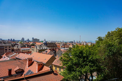 Aerial view of townscape against clear blue sky