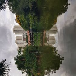 Reflection of trees in water against sky