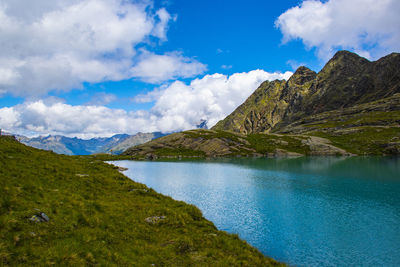 Scenic view of lake and mountains against sky