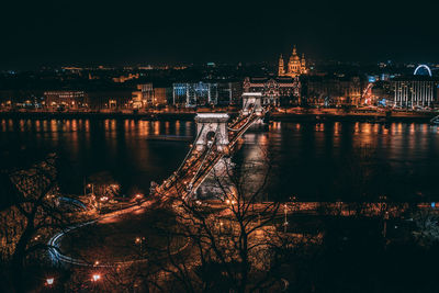 High angle view of szechenyi chain bridge over river against clear sky at night
