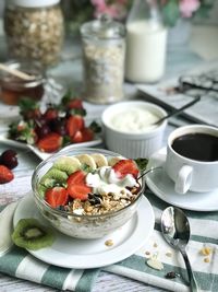 High angle view of breakfast served on table