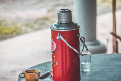 Close-up of water bottle on table