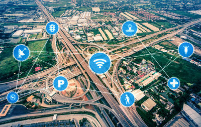 High angle view of information sign on road in city