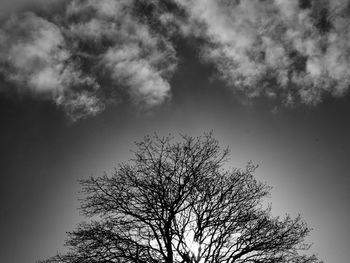 Low angle view of bare tree against cloudy sky