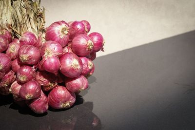 High angle view of berries on table against wall