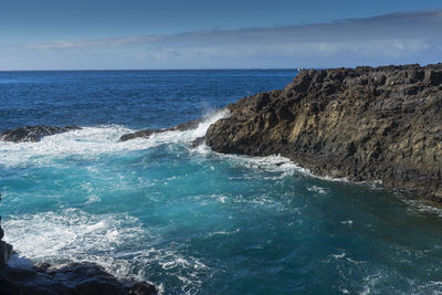 Scenic view of sea waves splashing on rocks against sky