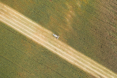 Combine harvester working in the field on a sunny evening top view.  agricultural work.