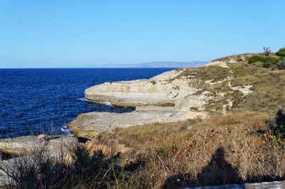 Scenic view of sea against clear blue sky