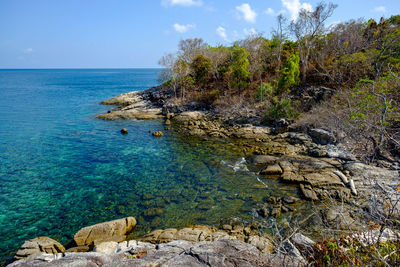 Scenic view of rocks by sea against blue sky