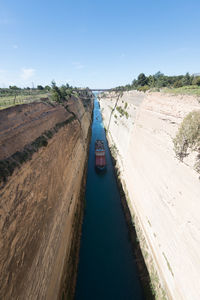 High angle view of river amidst land against sky