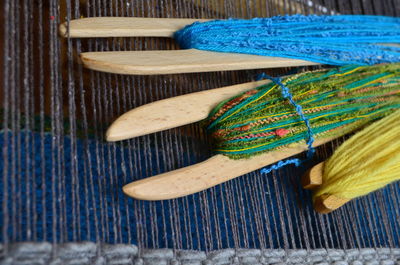 High angle view of wool on a loom close up
