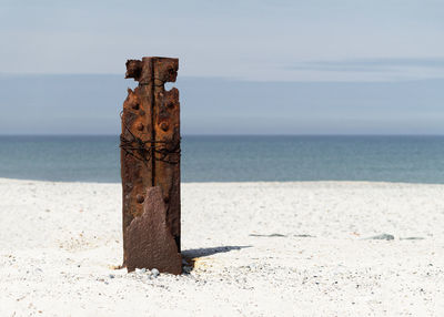 Wooden posts on beach against sky