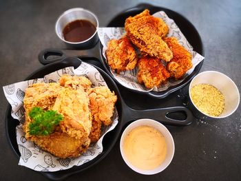 High angle view of food in plate on table