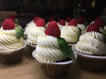 Close-up of ice cream with strawberries