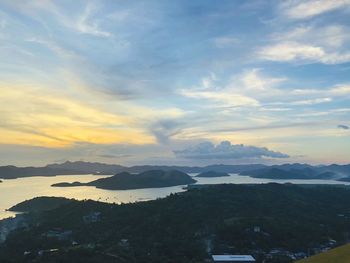 Scenic view of mountains against sky during sunset