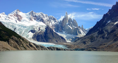 Scenic view of mountains and lake against sky