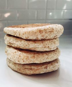 Close-up of stack on table