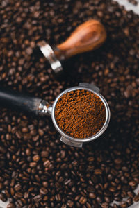 High angle view of coffee beans on table