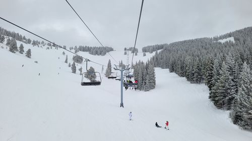 Overhead cable cars over snowcapped mountains against sky