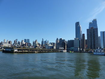 Sea with cityscape in background against clear blue sky