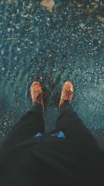 Low section of man standing in water