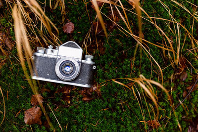 High angle view of camera on field