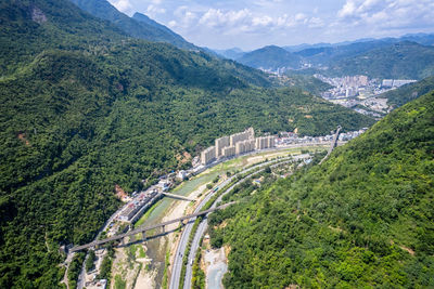 High angle view of road amidst mountains