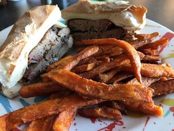 Close-up of burger in plate