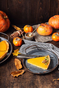 High angle view of pumpkins on table