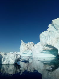 Scenic view of frozen lake against clear blue sky during winter