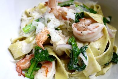 Close-up of prawn pasta served in bowl