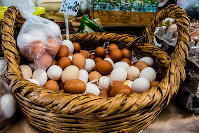 High angle view of easter eggs in wicker basket