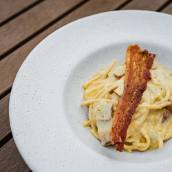 High angle view of food in plate on table